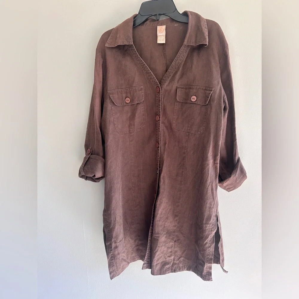 Y2K WEAR IT Brown Oversized Linen Tunic Shirt Jacket Lagenlook Earthy Boho Sz 0 - Picture 12 of 14